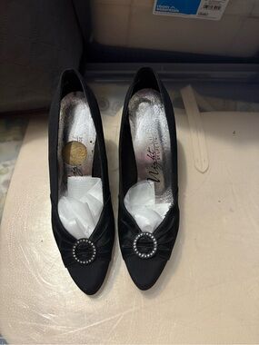 Life Stride Black Satin Pointed Toe Heels with Decorative Crystal Buckle